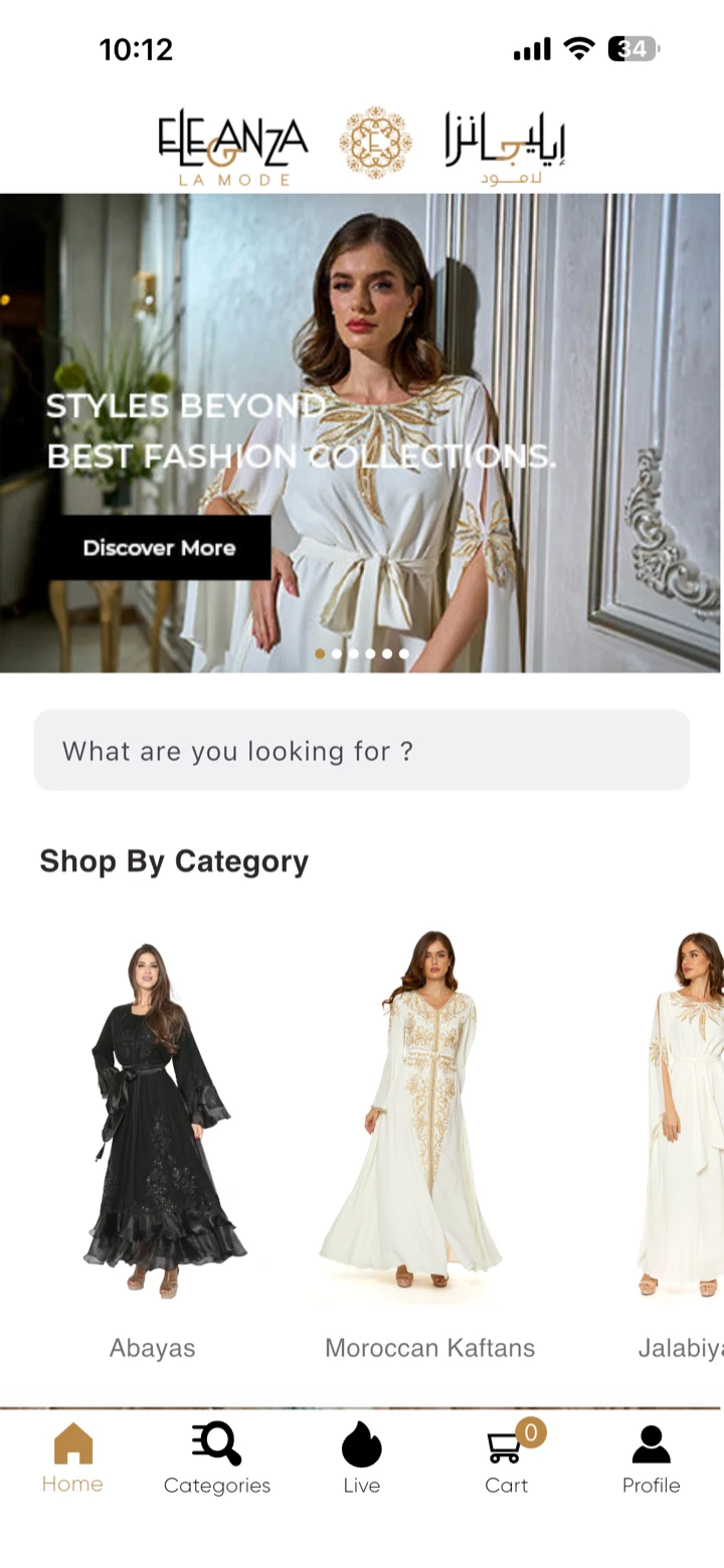 The Eleganza La Mode app built by TicApp: an Arabic and English wordmark, a campaign image, and a Shop by Category row of abayas, Moroccan kaftans and jalabiya