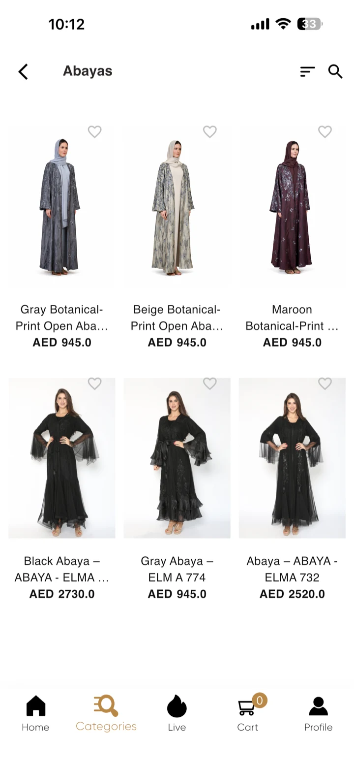 Eleganza La Mode app product page: a kaftan with its AED price, size and colour options