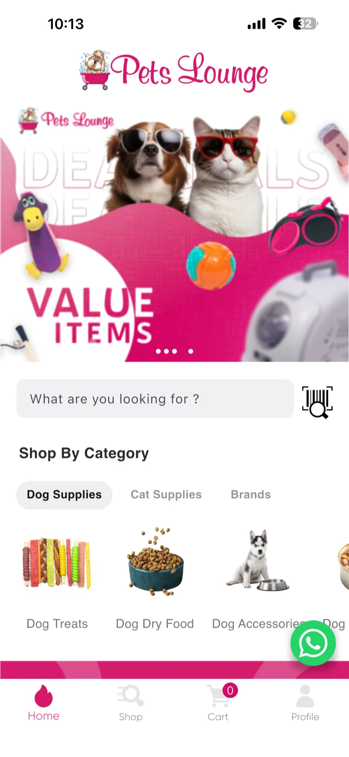 Pets Lounge app category screen listing dog treats, dry food, wet food, accessories and beds