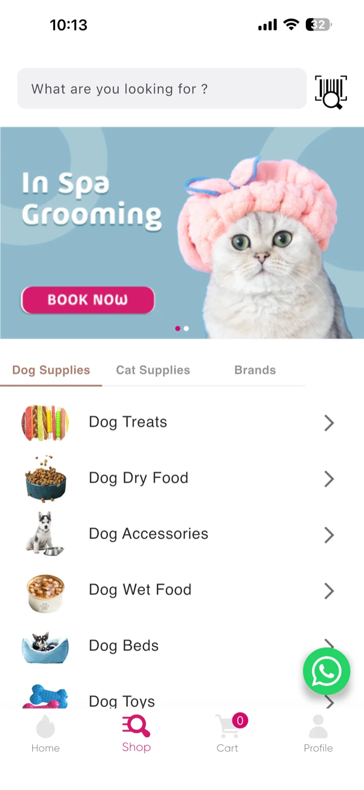 Pets Lounge app home screen: a search field with a barcode scanner, an In Spa Grooming banner, and a Dog Supplies category list