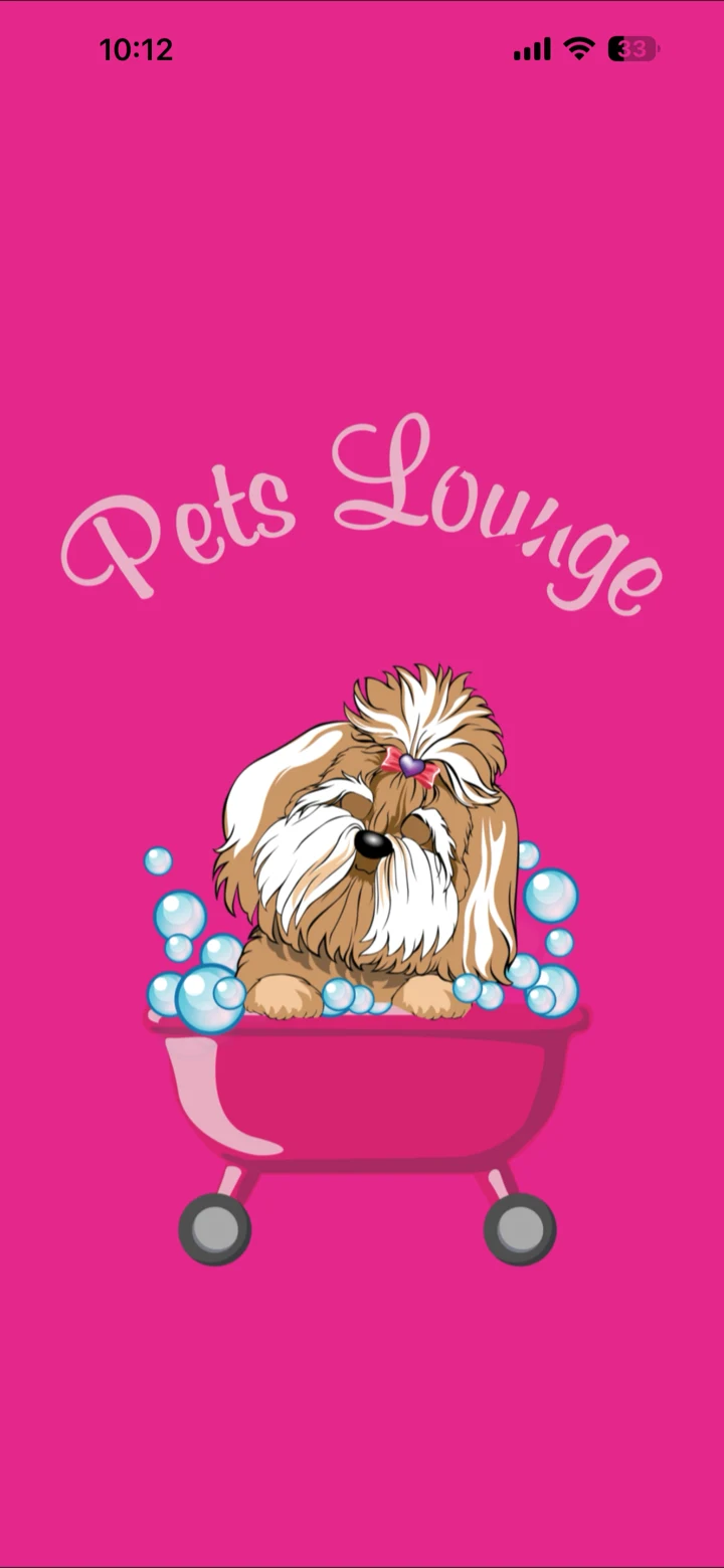 Pets Lounge app launch screen: the brand logo on the pink brand background