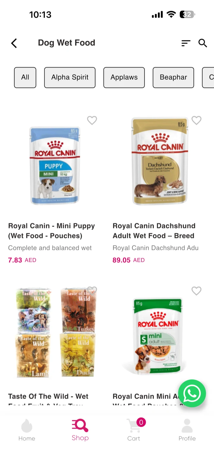 Pets Lounge app product listing of dog food with prices in AED and add-to-cart buttons