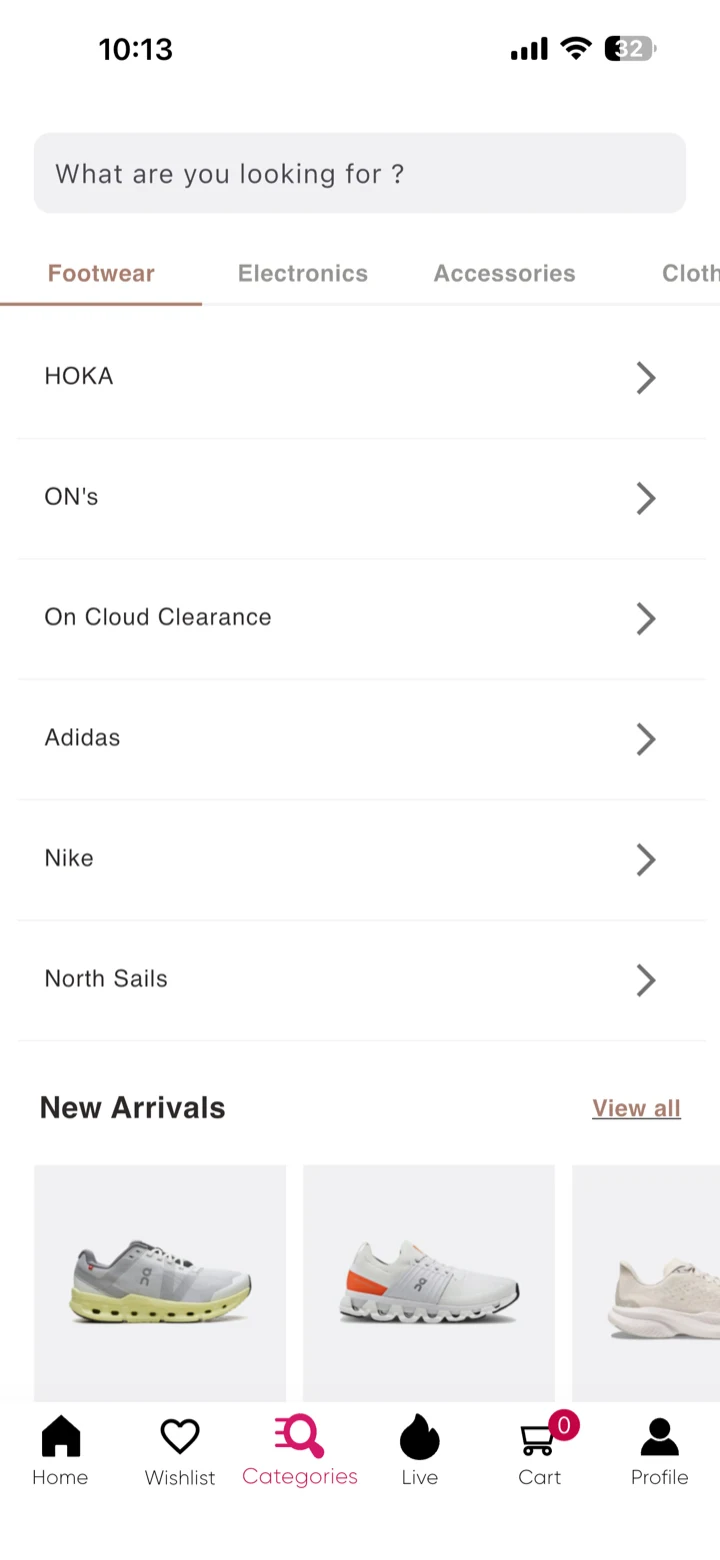The Discount Locker app category screen: tabs for Footwear and Electronics above a brand list of Hoka, On, Adidas and Nike