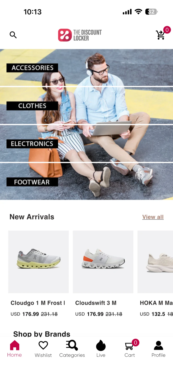 The Discount Locker app home screen: category tiles for Accessories, Clothes, Electronics and Footwear above a New Arrivals row of trainers
