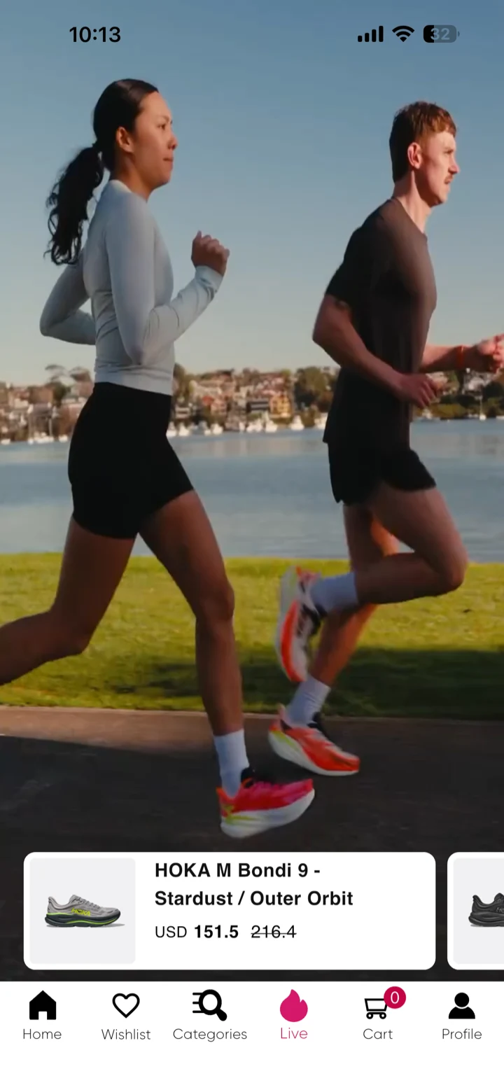 The Discount Locker app Live tab: video of runners in Hoka trainers with the product and price attached to the frame