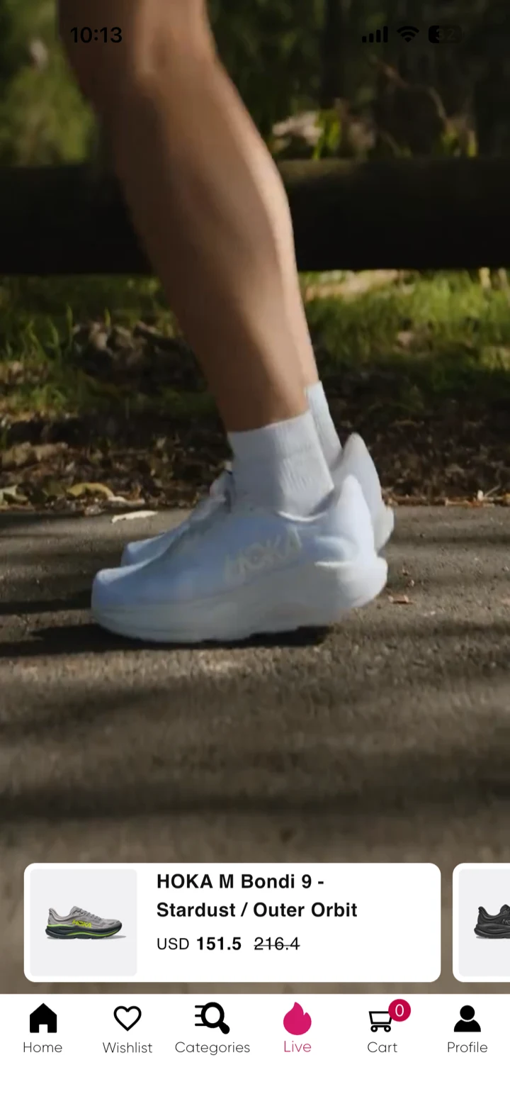 The Discount Locker app video view: a Hoka trainer with its name and price pinned to the frame