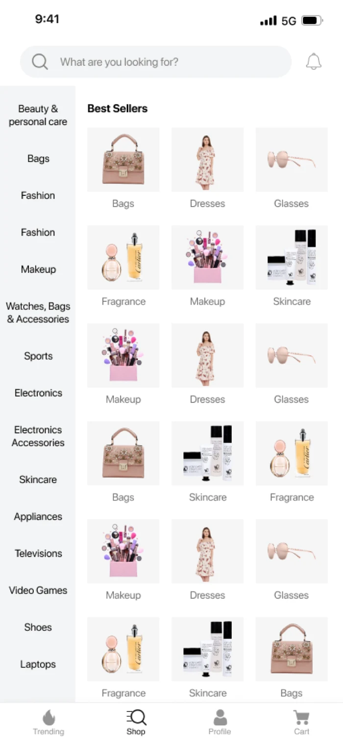 Category screen — a compact list with a thumbnail for each department