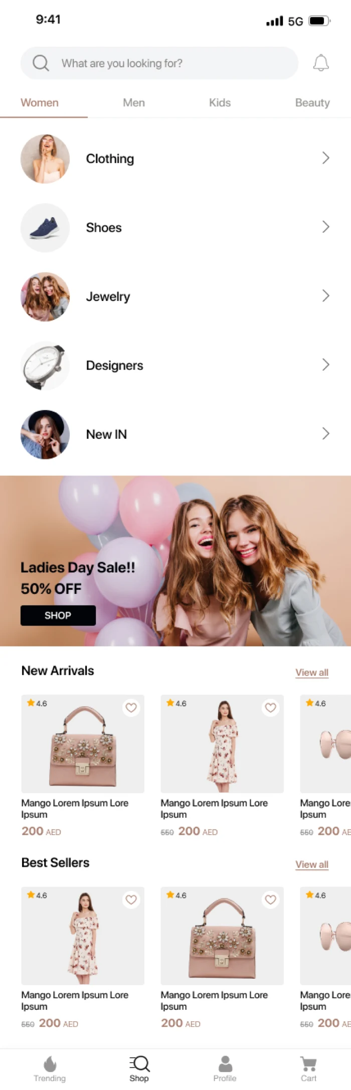 Category screen — a two-column product grid with prices and wishlist hearts