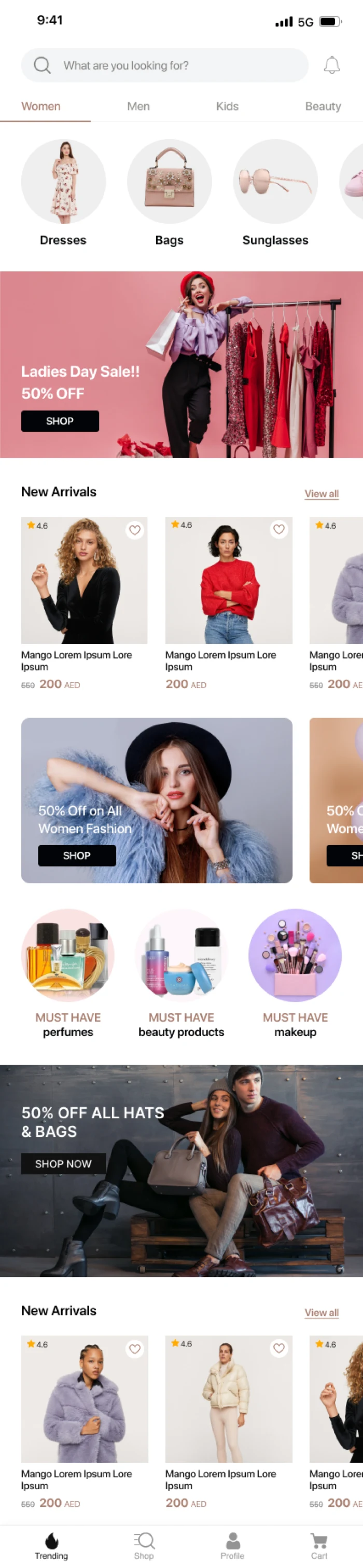 Home — new arrivals layout, with a product grid directly under the hero