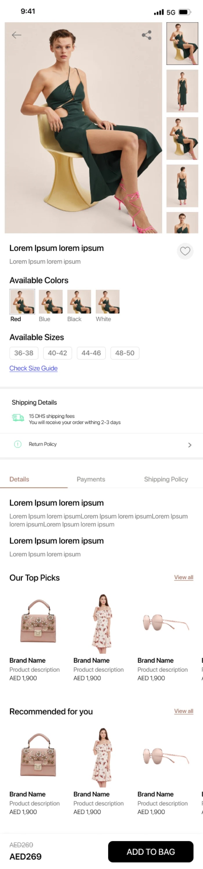 Product page — full-width image gallery with a sticky add-to-bag bar