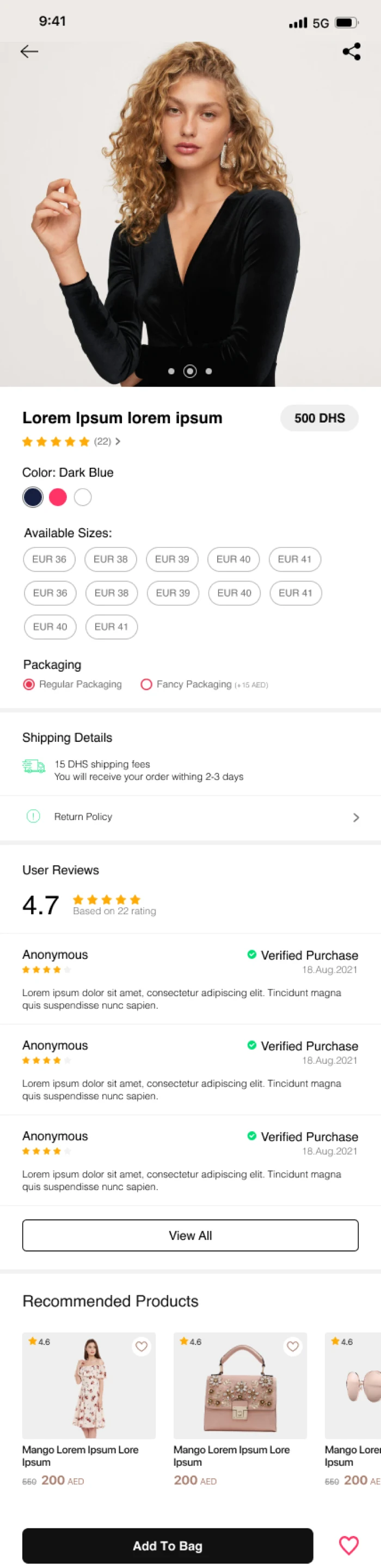 Product page — image gallery, price, and size and colour selection