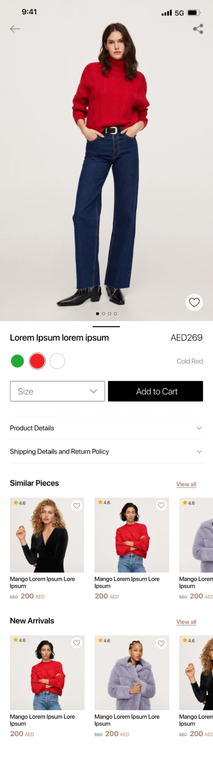 Product page — variant selection with swatches and a size guide link
