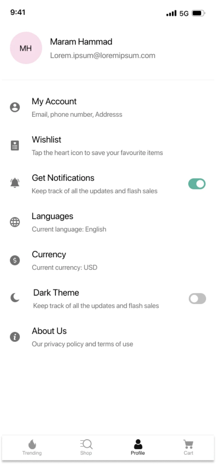 Profile — a signed-in customer with orders, wishlist, language and currency