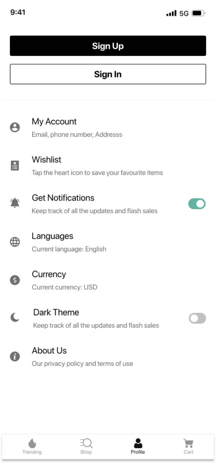 Profile — the signed-out state, with sign in and create account