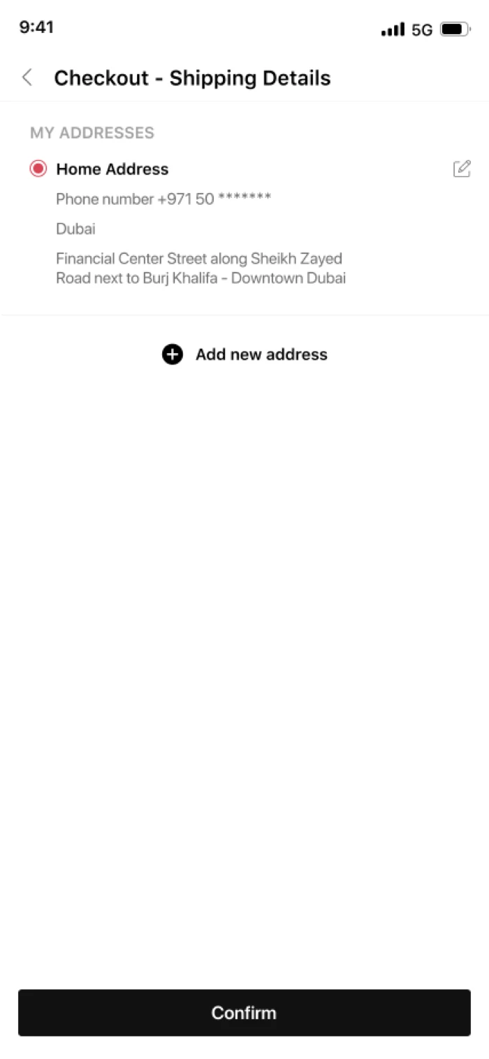 Saved addresses — previously used delivery locations
