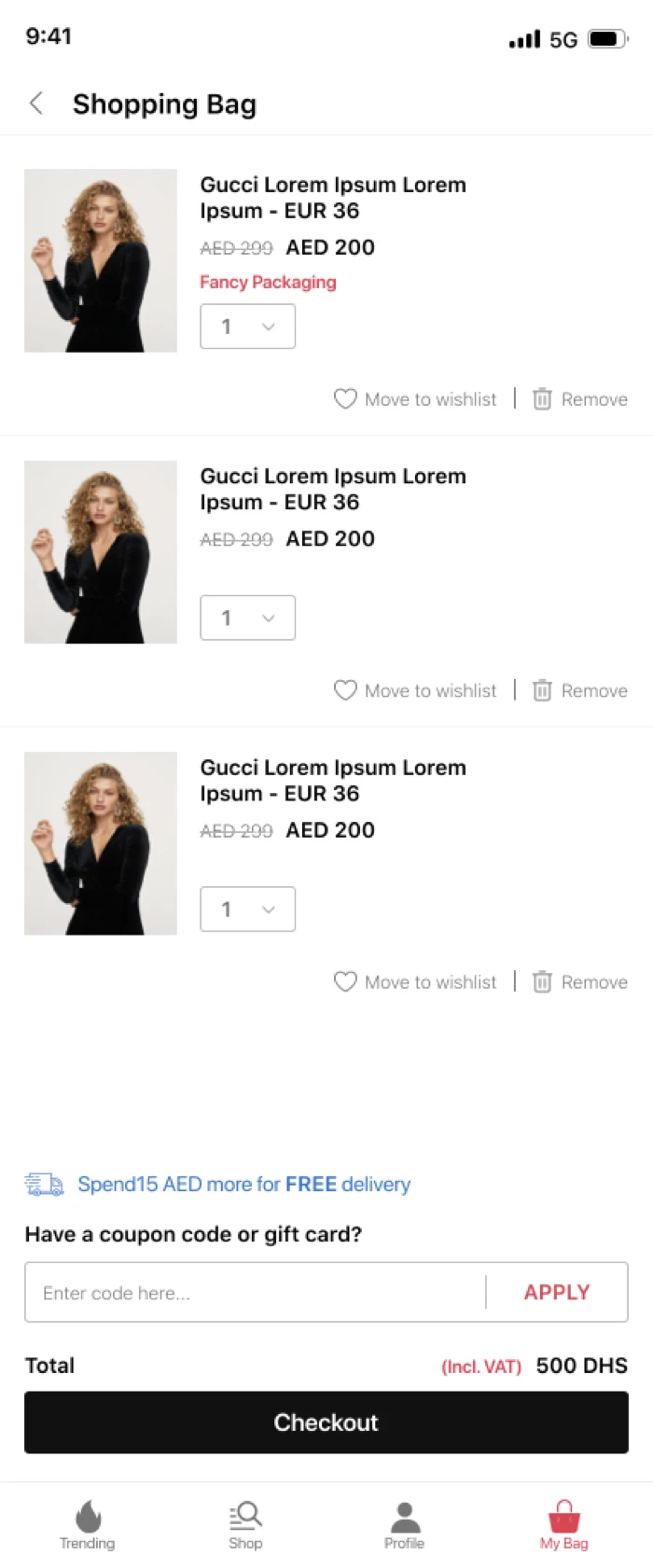 Shopping bag — line items, a free-delivery threshold message and the order total